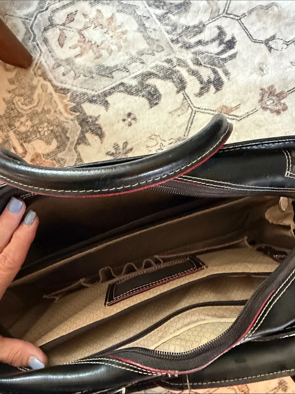 Black Leather Travel Briefcase with Red Accent Trim